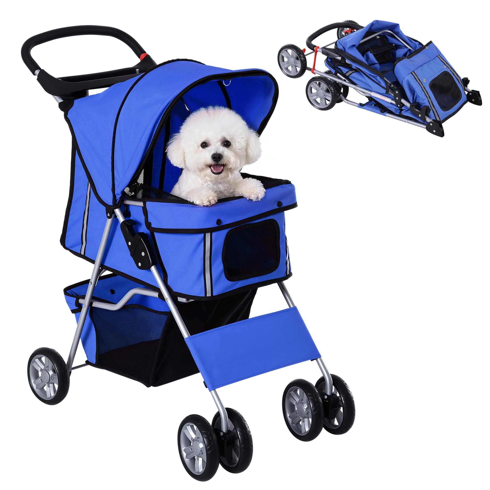 Pawhut Pet Stroller Carrier Foldable Deluxe Jogger Walk Travel Dog Cat Blue