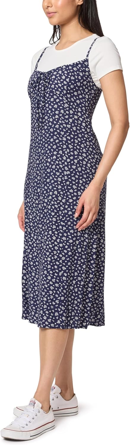 WallFlower Womens Annie 2 Piece Yummy Rib Short Sleeve Tee and Rayon Challis Midi Dress Set