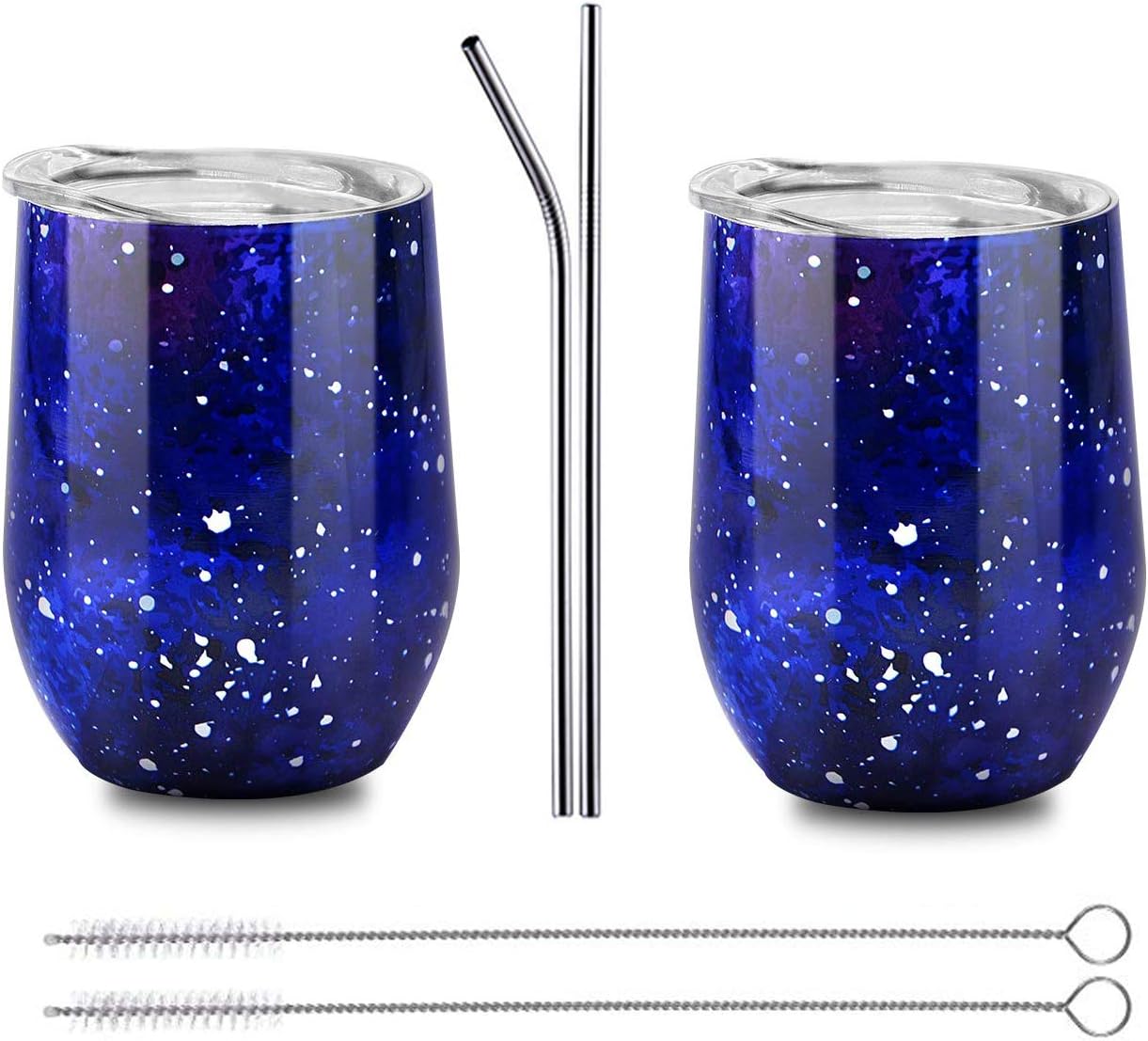 12 oz 2Pack Wine Tumbler with Lid, Double Wall Vacuum Insulated Stemless Glass, Stainless Steel Wine Cup with Straw and Straw Brush for Wine, Coffee, Drinks, Champagne, Cocktails (Starry Sky Type3)