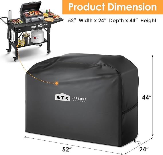 Leteuke Grill Cover for Outdoor Grill, Heavy Duty Waterproof 52inch BBQ Cover with Adjustable Straps, UV & Fade Resistant Barbecue Gas Grill Cover, Black
