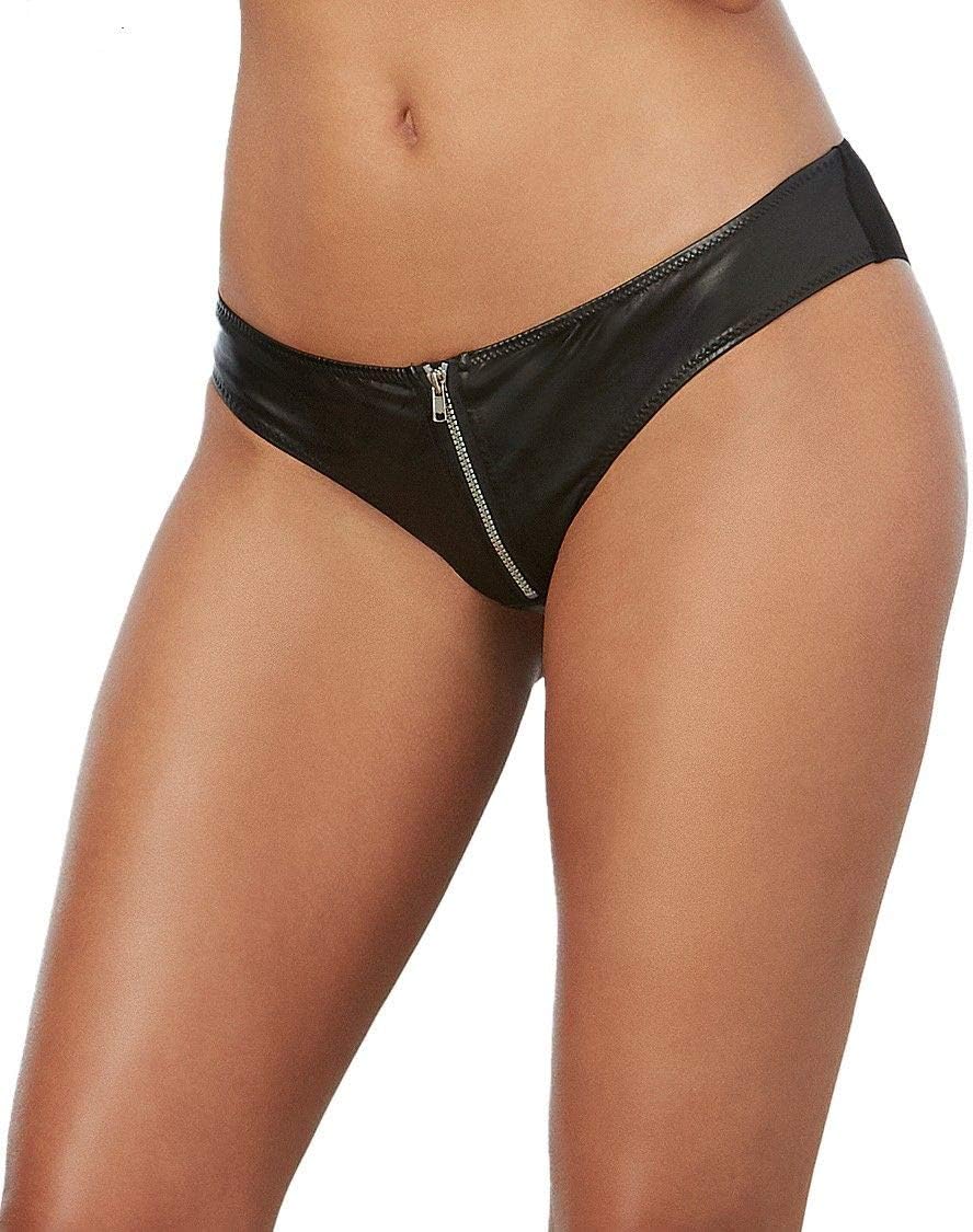 Dreamgirl Women's Leather Look and Stretch Mesh Cheeky Panty with Front Zipper