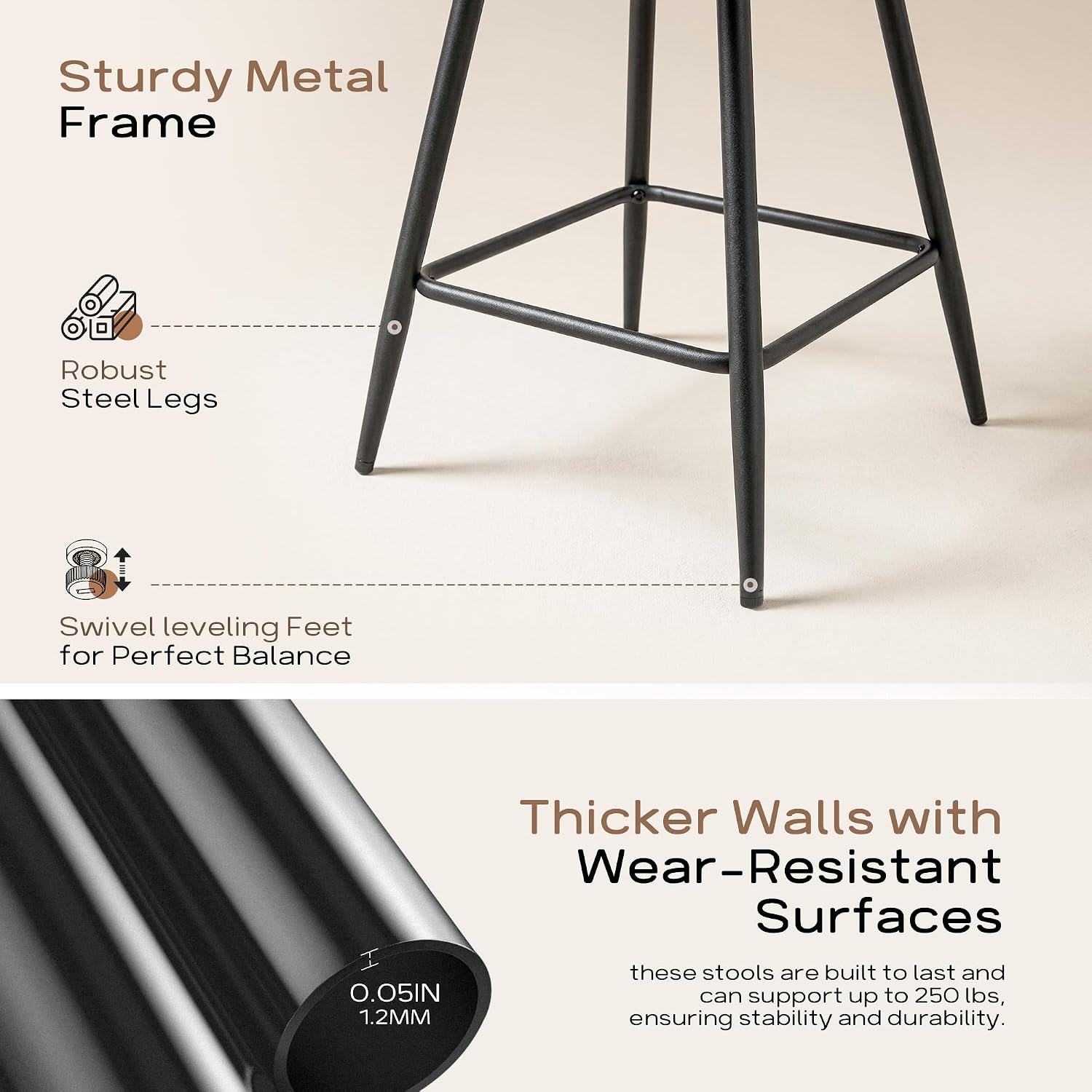Modern Bar Stools Set of 6 - Luxury Glossy PU Leather Counter Height Chairs with Ergonomic Double-Layer Backrest & Sturdy Metal Frame - Sleek Kitchen Island Stools, Black