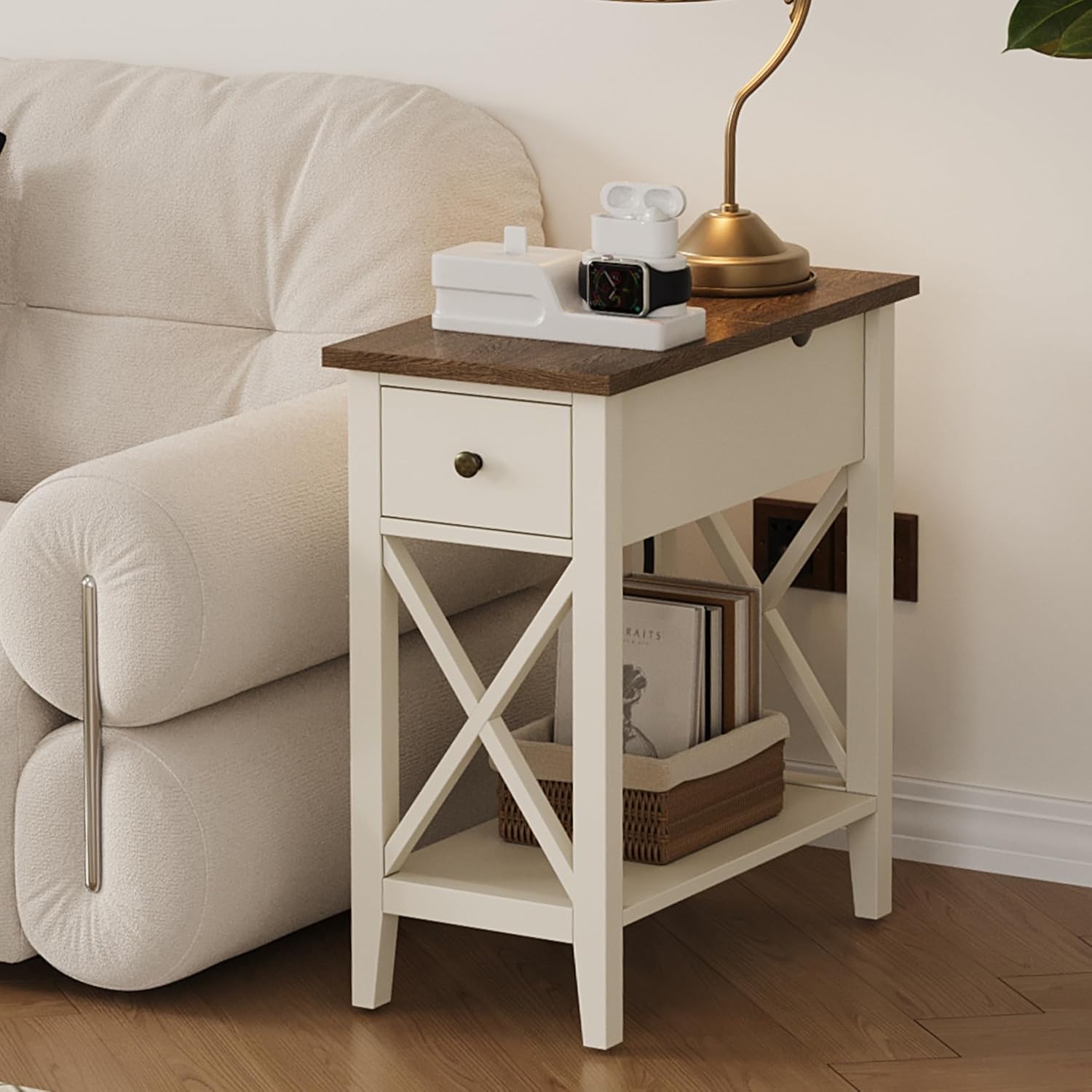 ChooChoo Farmhouse End Table with Drawer, Accent Small Side Table Nightstand for Living Room, Bedroom, and Small Spaces, Soft White
