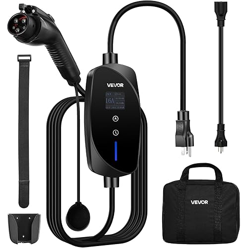 VEVOR Level 1&2 EV Charger, 16 Amp Adjustable Current, Electric Vehicle Portable Charger with 25 ft Cable, 120V-240V, NEMA 6-20P Plug NEMA 5-15 Adapter, LCD, Home Car Charging Station for SAE J1772 EV