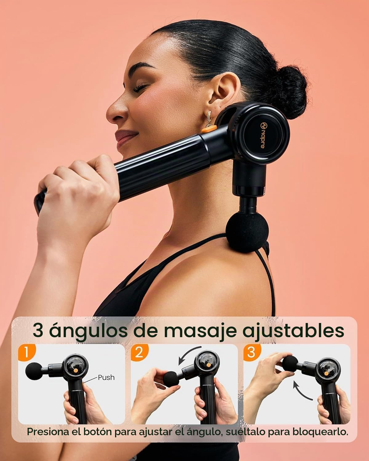 Pistola de Masaje Muscular,Napre Pistola Masaje Muscular con Mango Largo y 3 ángulos Ajustables,Massage Gun Pistola Masajeadora,6 Cabezales y Pantalla LED,Masajeador Muscular Cervical y Espalda,Negro