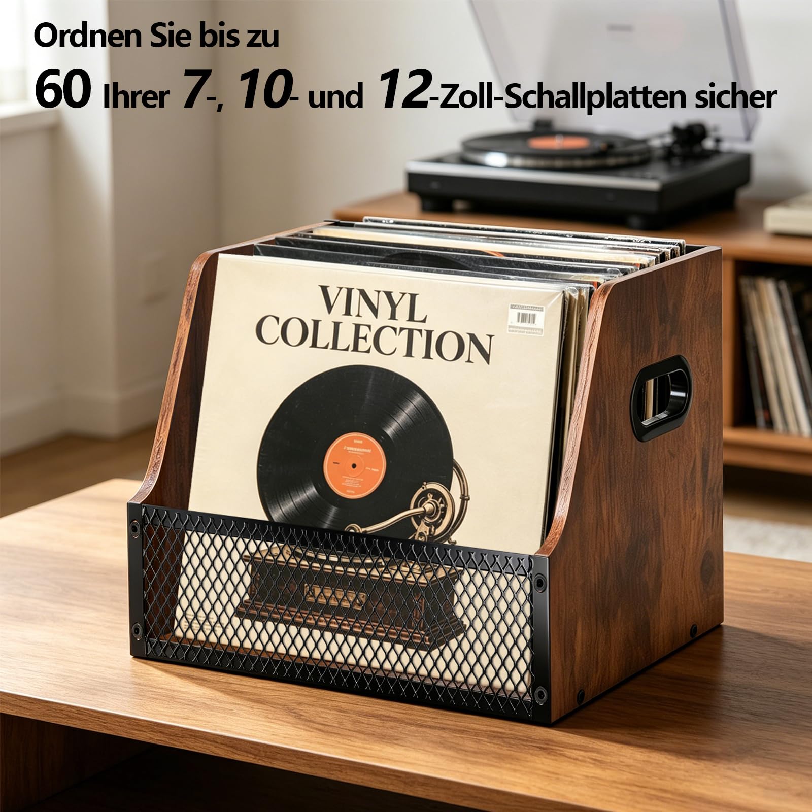BILIONE Contenitore per dischi in metallo e legno con divisorio | Supporto per dischi in vinile da 7/10/12 pollici, 60 LPs, organizer per CD, album, riviste, libro