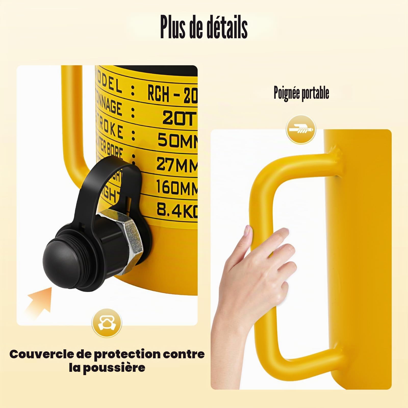 Cylindre hydraulique 20T avec course de 160 mm, cylindre creux à piston creux, cric et pompe à huile manuelle, cylindre hydraulique Ram pour bâtiments et ponts RCH-2050