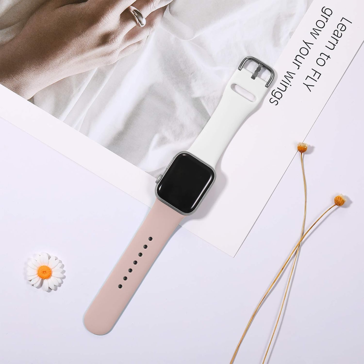 Dirrelo Compatible for Apple Watch Bands Strap 44mm 42mm Series SE 6 5 4 3 2 1, Thin Silicone Replacement Sport Wrist Band for iwatch Band Women Men, Large Sandpink & White 2-Pack