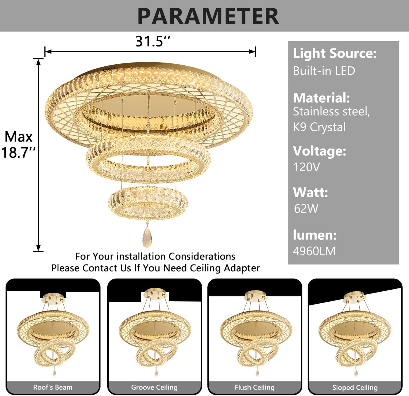 Dia 32" Modern Crystal Chandeliers Dimmable Chandelier 3 Rings LED Flush Mount Ceiling Light for Living Room Dining Room Bedroom Gold