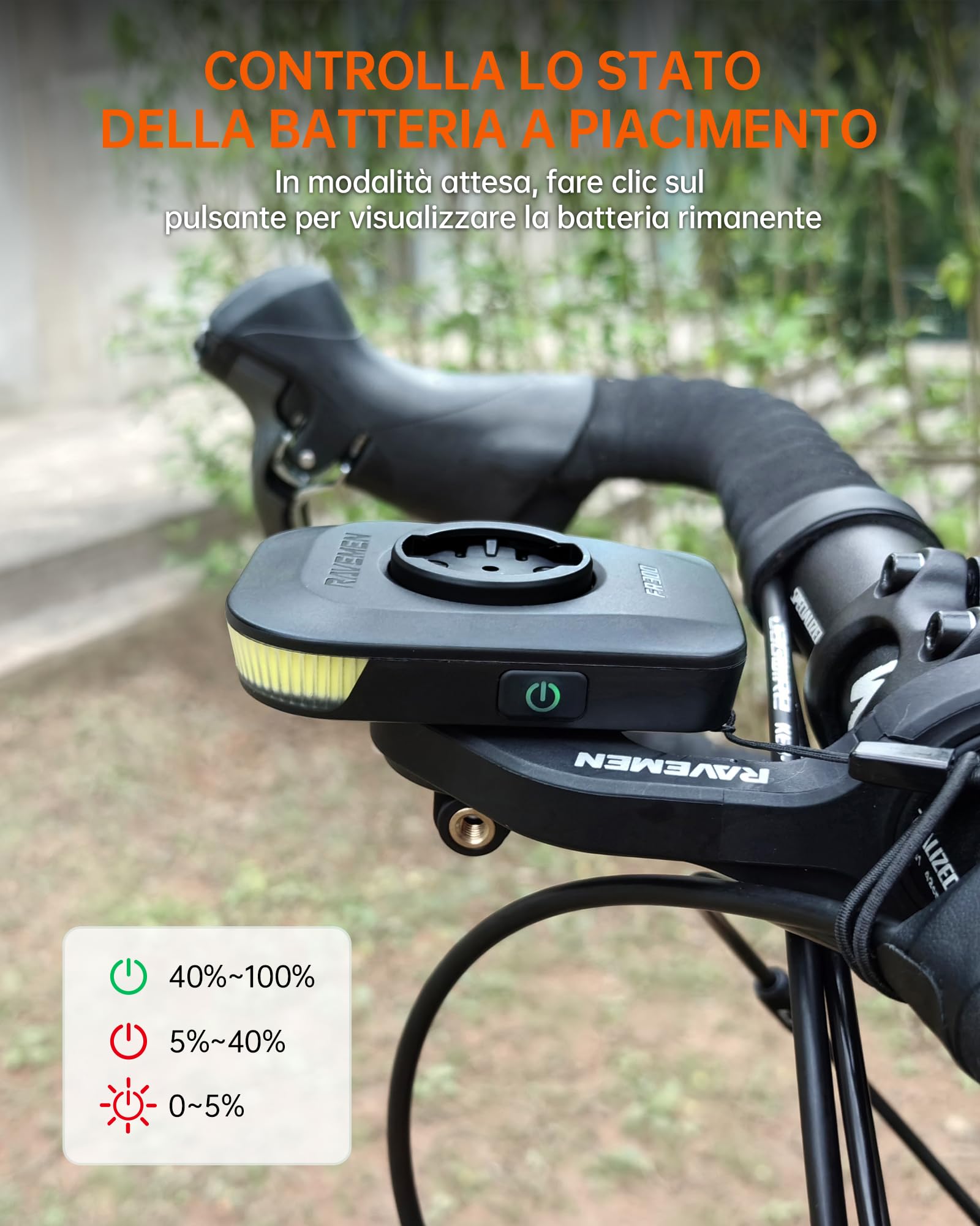 RAVEMEN FR300 Luce Diurna per Bici 300 Lumen Fanalini Anteriori per Bicicletta Compatibile con Garmin/Wahoo Ciclocomputer, 6 Modalità USB C IPX6 Impermeabile (Brevetto Protetto)