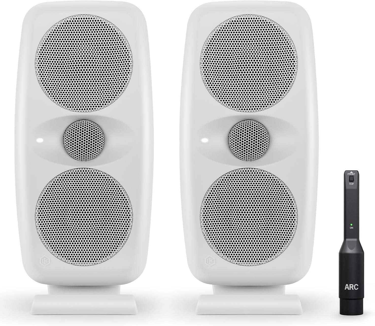 IK Multimedia iLoud MTM MKII White (Pair Plus ARC mic) Compact Studio Monitor with Built-in ARC Room Correction, Speaker Emulation, 100W Power