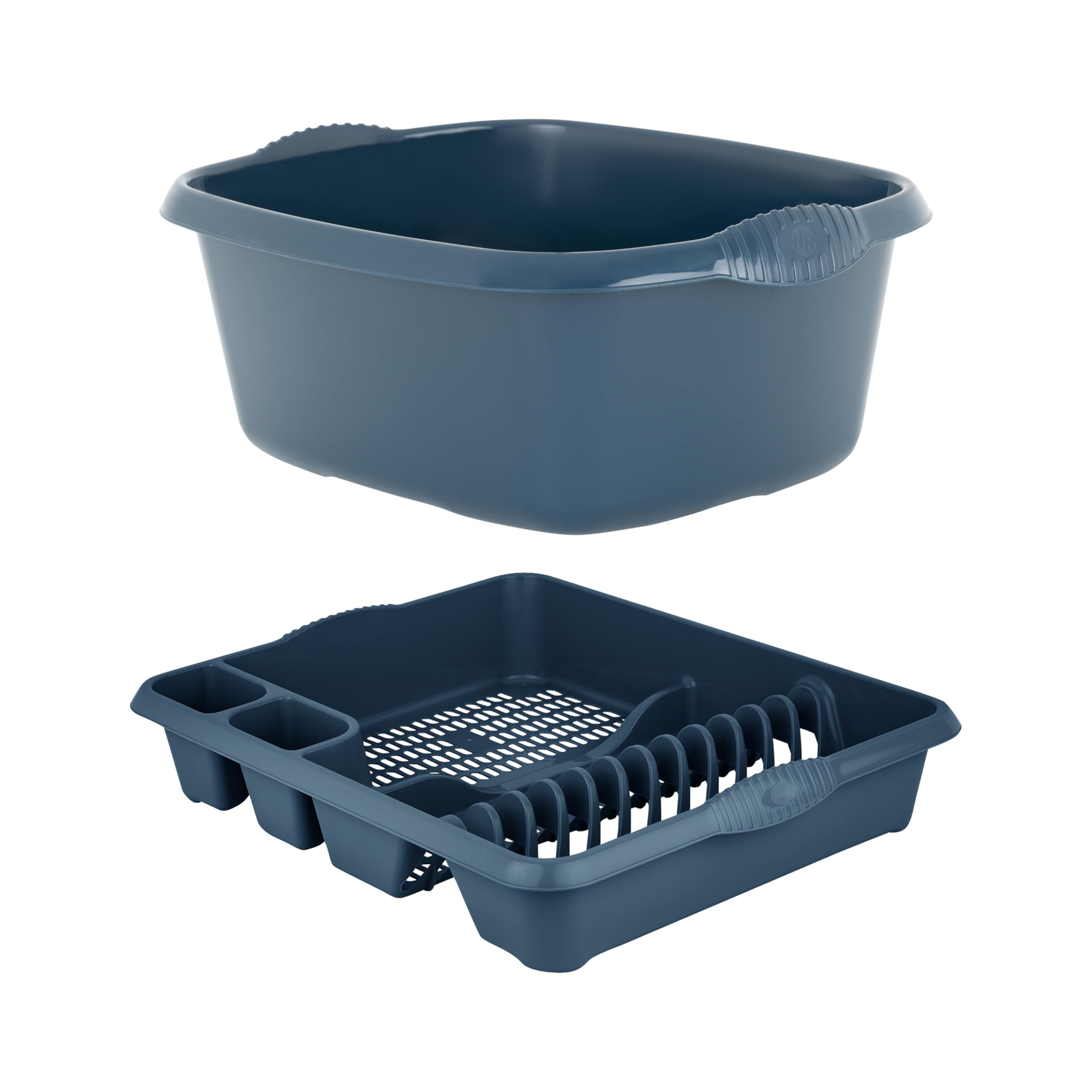 M1SS Combo of 39cm Rectangular Washing up Bowl with Large Dish Drainer Plate Rack Draining Board Tray Stand Sink Holder Kitchen Organiser (Navy)