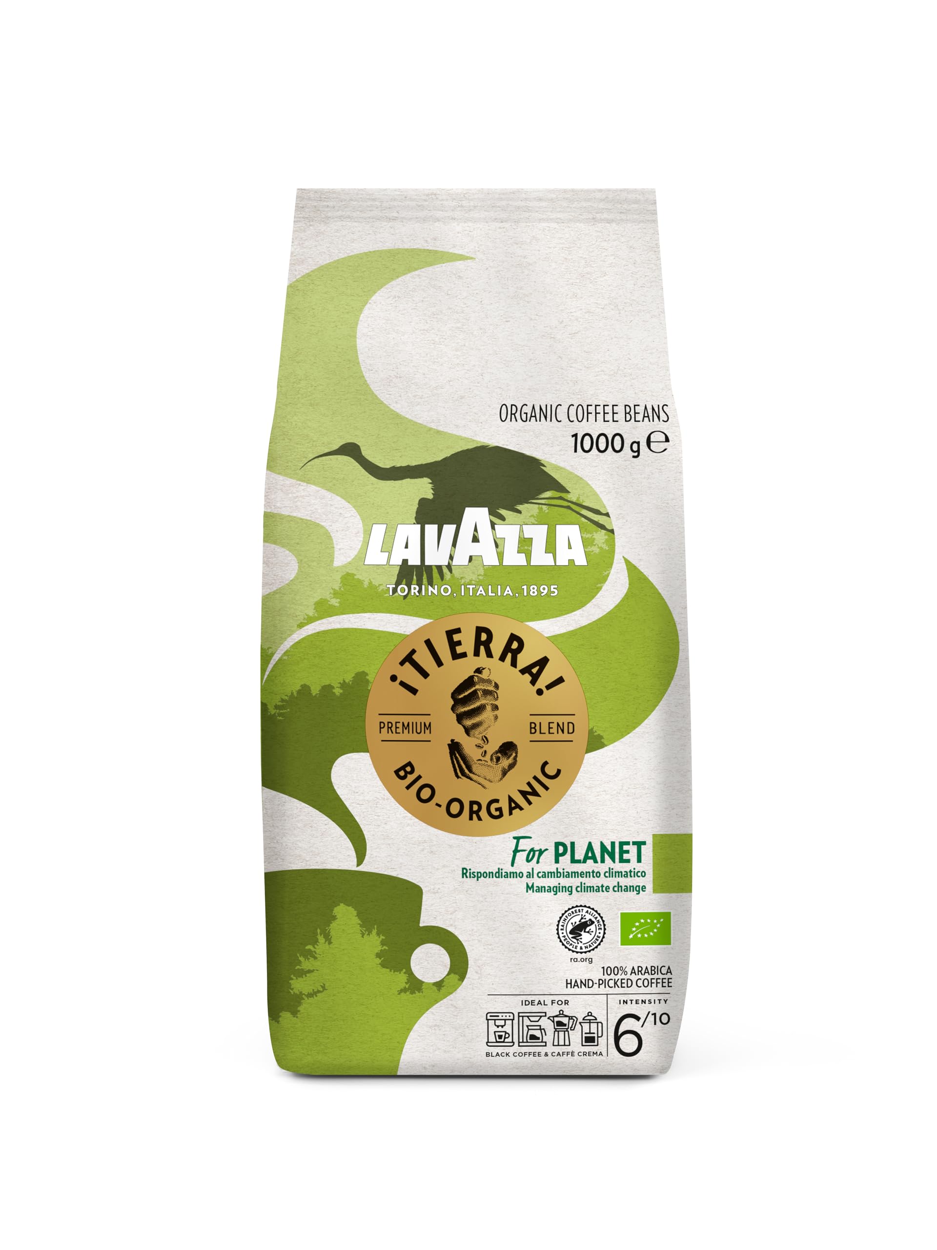 Lavazza, Tierra For Planet, 100 % Bio-Arabica Kaffeebohnen, Ideal für Espressomaschinen, Milder Geschmack, Intensität 6/10, Fruchtige & Blumige Aromen, Leichte Röstung, 1 kg Packung