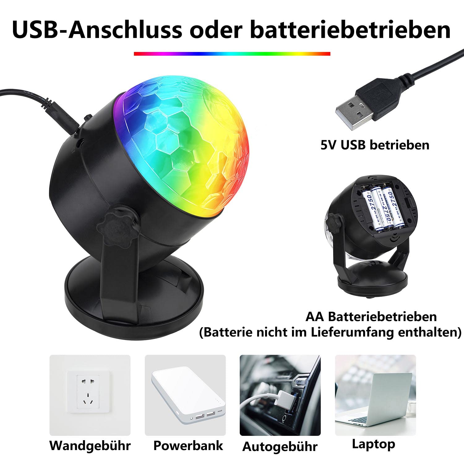 CATPOWER Mando a distancia, funciona con pilas, portátil, luces de fiesta activadas por sonido para exteriores e interiores, o enchufe USB, iluminación de DJ, bola de discoteca RBG, lámpara