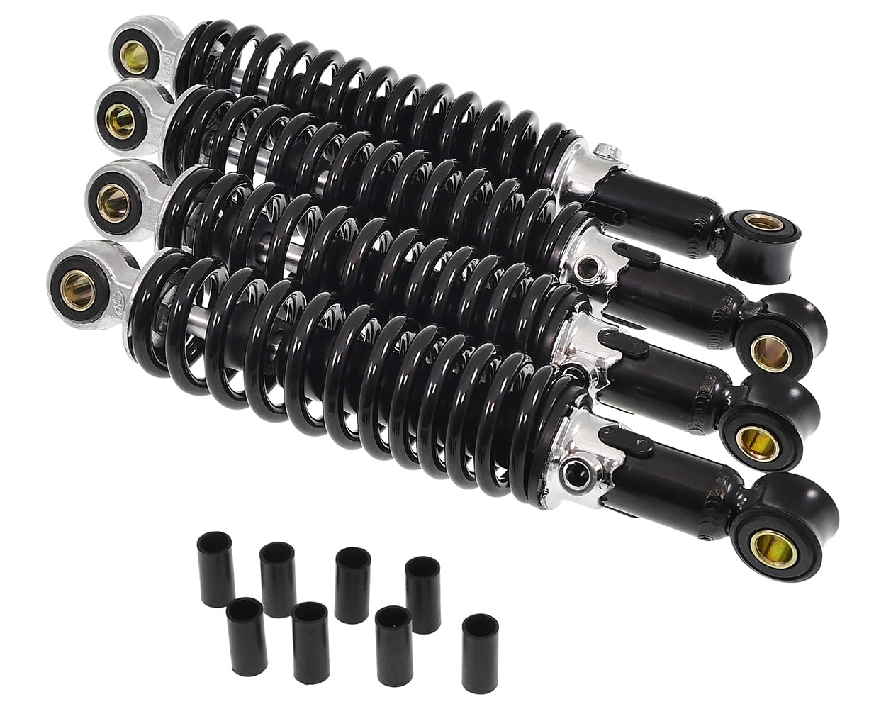 Stoßdämpfer Set 240mm + 260mm Tieferlegung Simson KR51 / 51/1 / 51/2 – 5-fach verstellbar – inkl. Reduzierhülsen – Set vorne & hinten – schwarz – für 8 & 10 mm Bolzen