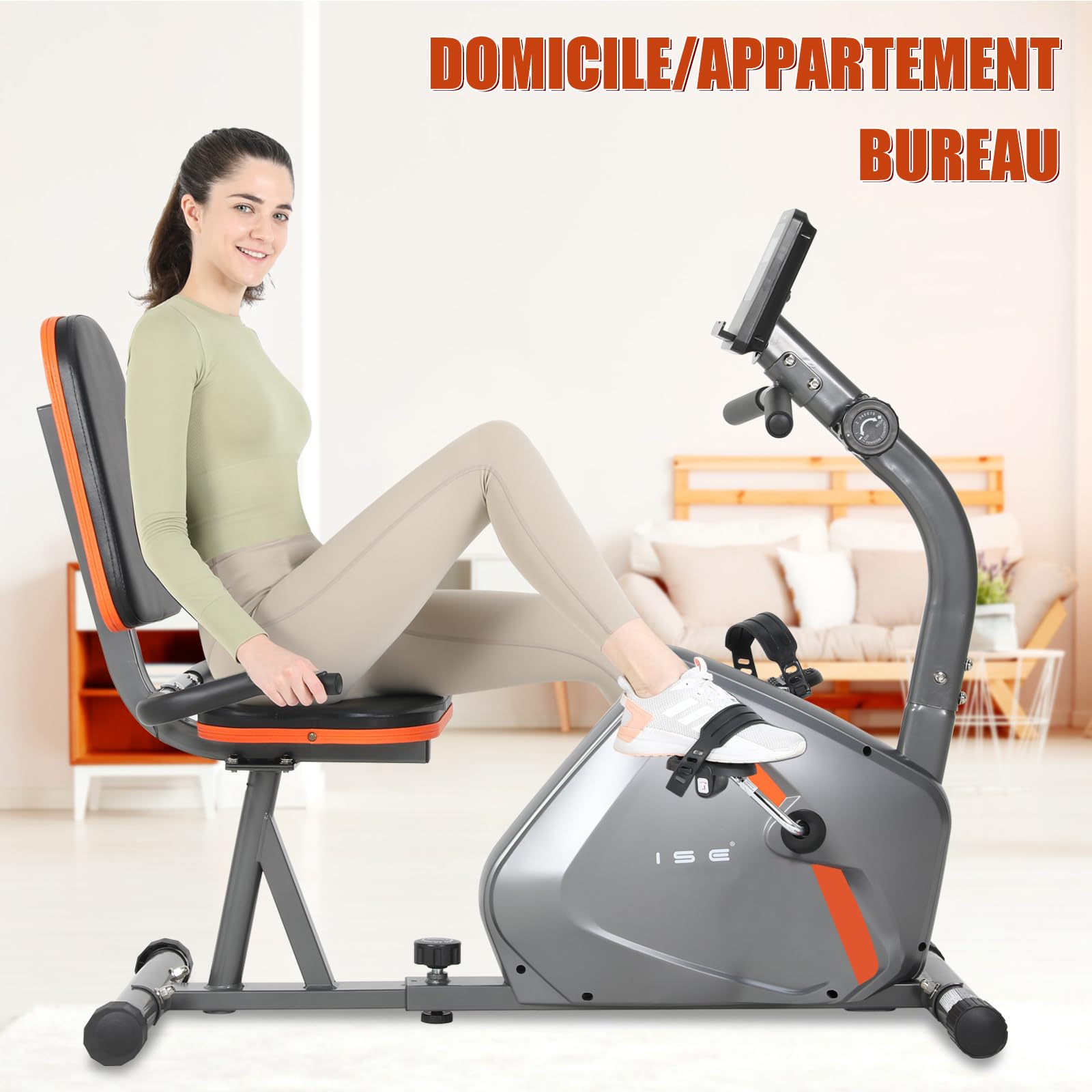 ISE Vélo d'Appartement Semi-Allongé Vélo Couché avec Frein Magnétique, Roues de Transport, Capteurs d'Impulsion, l'Ecran LCD, 8 Niveaux de Résistance Réglables, Velo d appartement Semi Allongé