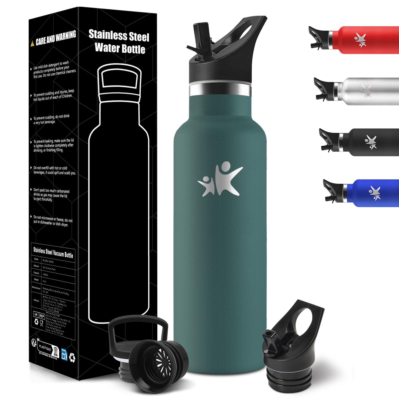 HoneyHolly Drinking Bottle - 750ml - Stainless Steel Water Bottle with Reusable Straw (2 Caps), Leak-Proof and Vacuum-Insulated, Suitable for Carbonic Acid, BPA Free, Ideal for Sports & Outdoor