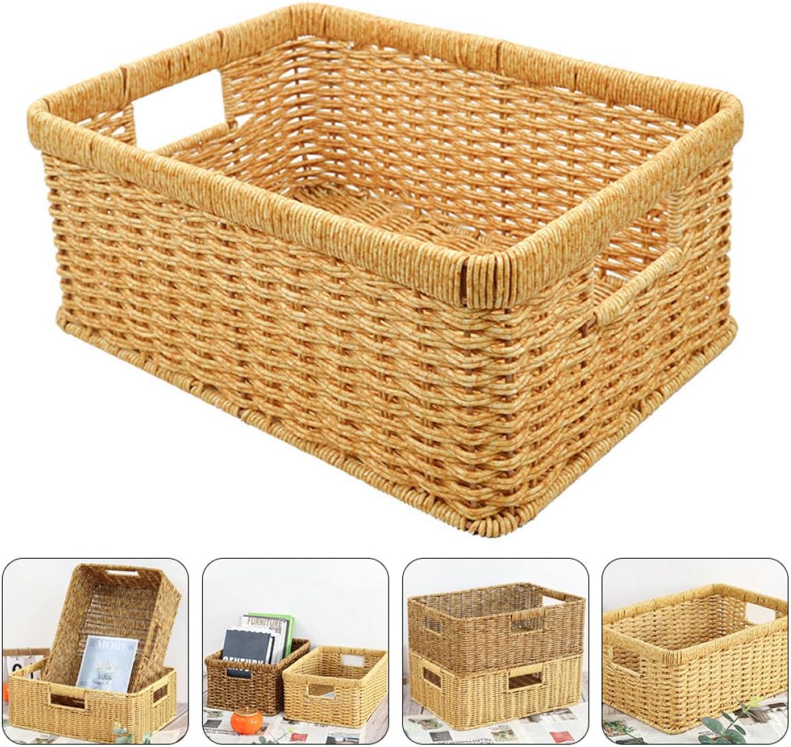 Woven Storage Basket Light Coffee Color Handwoven Imitation Rattan Desktop Organizer Large Capacity Sundries and Storage Bin for Home Use