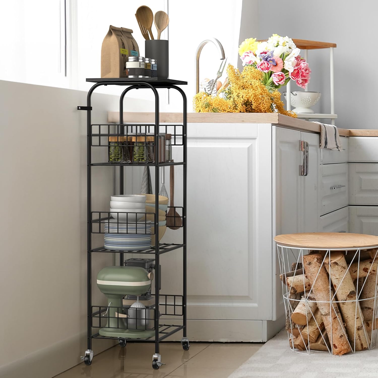smusei 4 Tier Kitchen Cart on Wheels Black Metal Moveable Kitchen Cart with Storage Large Capacity Shelving Unit Microwave Stand Rack Rolling Utility Cart for Kitchen, Bathroom, Pantry