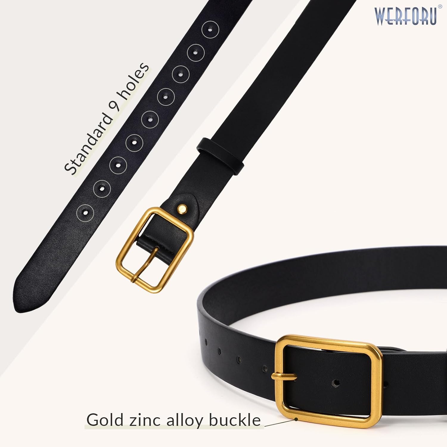 WERFORU Women Classic Black Leather Belt With Square Silver Buckle For Jeans Pants,1.3" width - Image 3