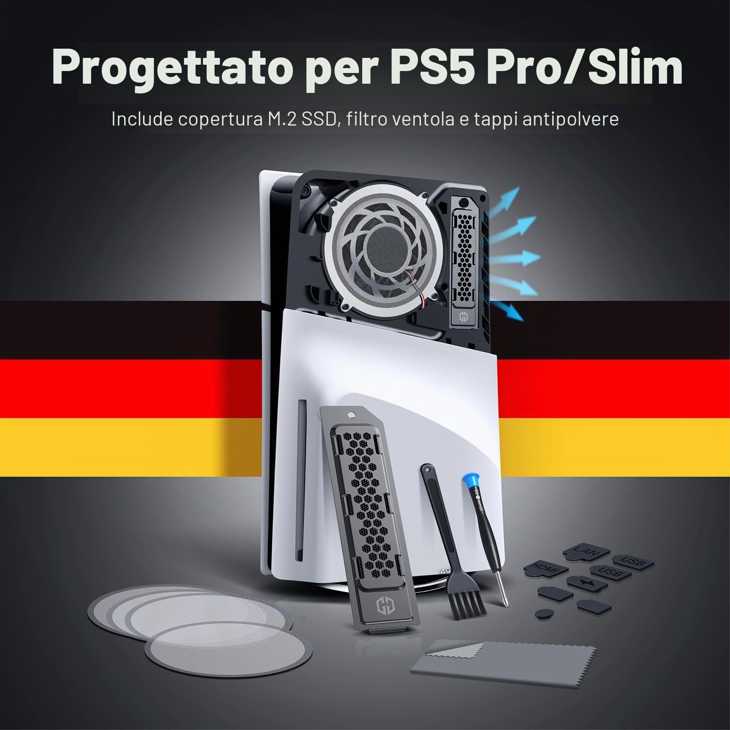 GRAUGEAR Set di Protezione Antipolvere I Filtro Antipolvere per Ventola & Copertura per SSD Raffreddamento per PS5 Slim & Pro [PS5 Care] Protezione Porte & Ventole dalla Polvere I Protezione SSD M2