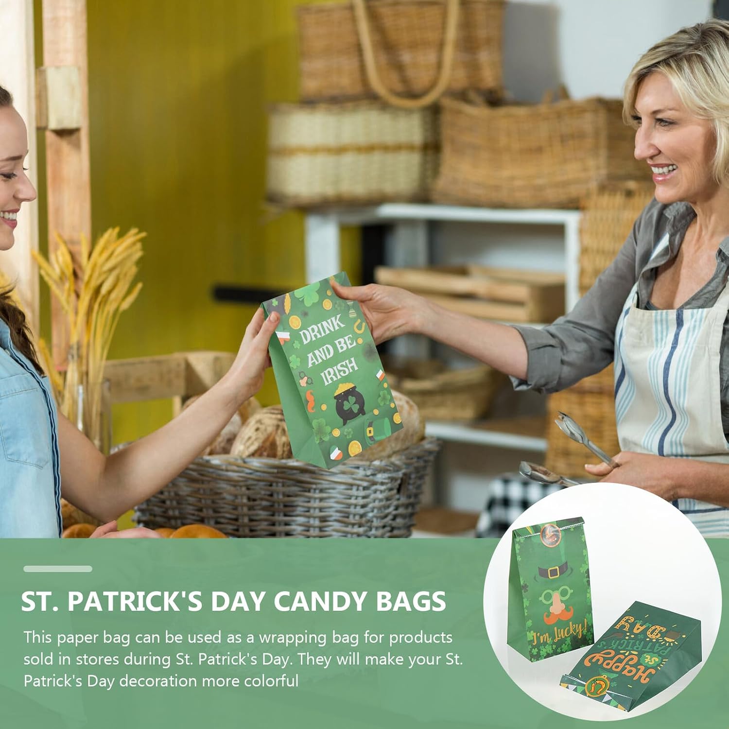 St Patrick's Day Treat Bags and Candy Storage Paper Bags 12pcs Set with Seal Stickers for Party Favor Packaging and Cookie Wrapping