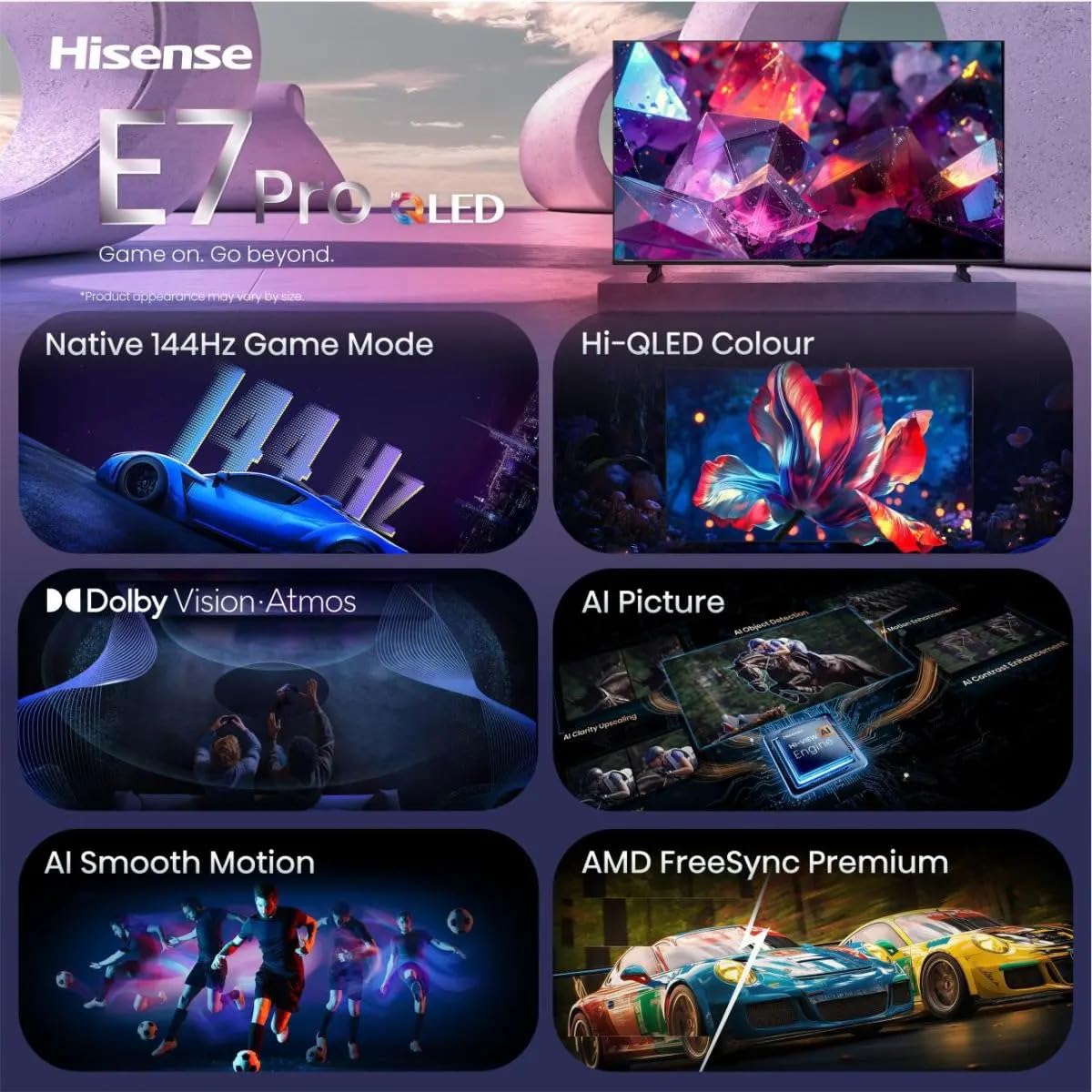 Hisense 65E7S Pro - TV QLED Gaming 65" (164 cm), 4K UHD, 144Hz Natif, Dolby Vision IQ & Atmos, HDMI 2.1, FreeSync Premium, Smart TV VIDAA U9.5, Contrôle Vocal Alexa intégré [Modèle 2026]