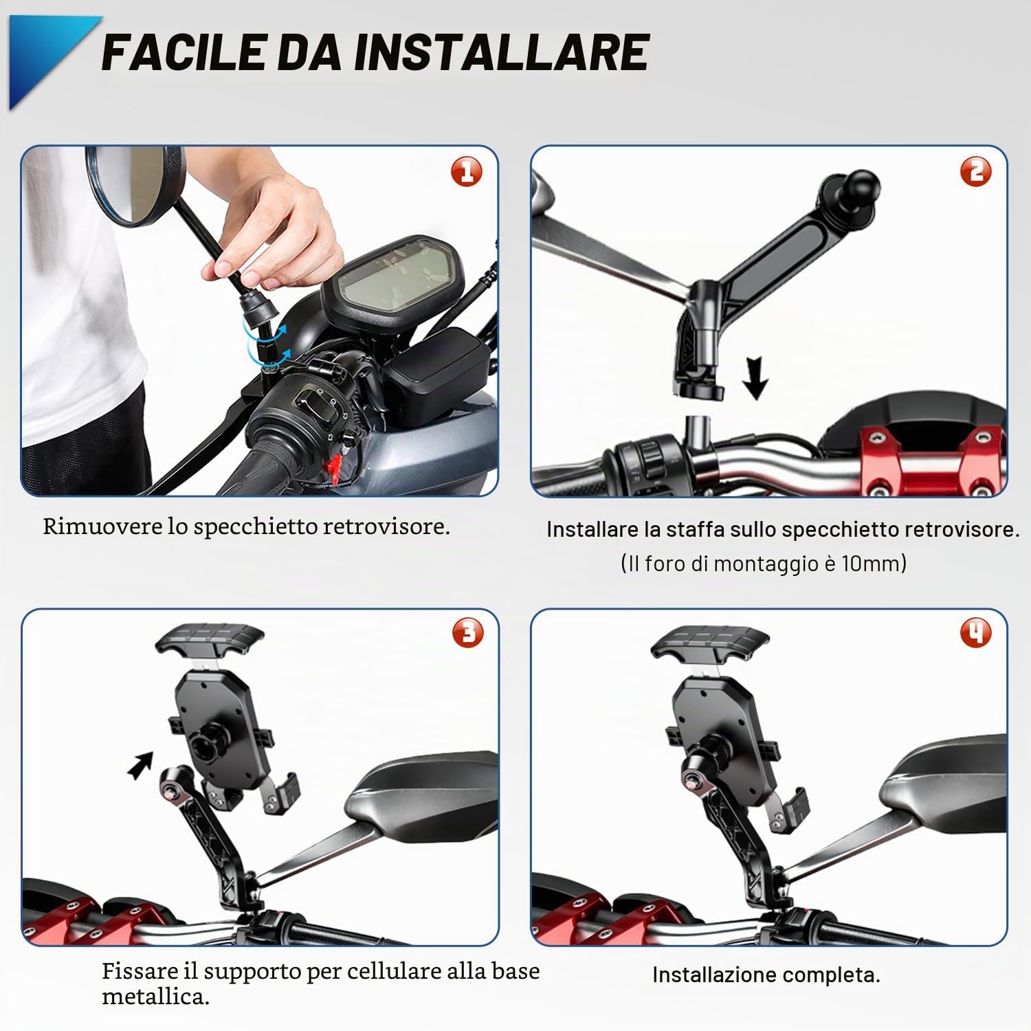Porta Cellulare Moto, 360 Gradi Rotabile Porta Telefono Moto Antivibrazione Supporto Cellulare Scooter Specchietto Anti-shake Supporto Smartphone Scooter per Telefono da 4.0-7.0 Pollici (Nero)