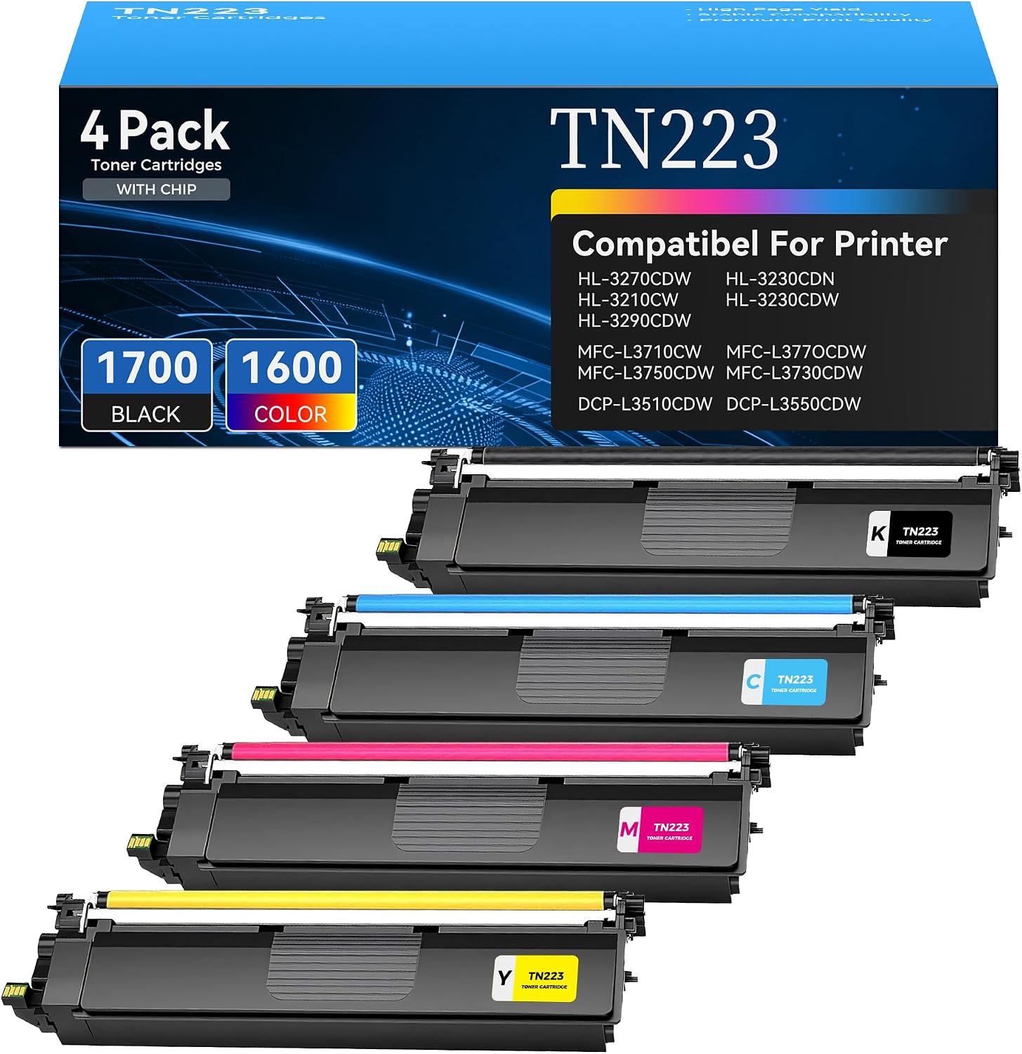 TN-223 TN223BK/C/M/Y Toner Cartridges 4-Pack Compatible for HL-L3270CDW