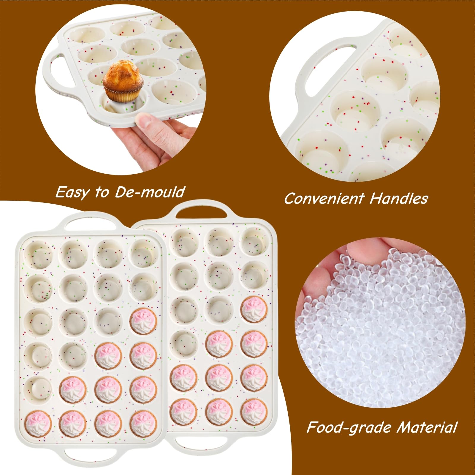 2 moldes de silicona para magdalenas, antiadherentes con asas, 24 mini tazas con marco reforzado de metal para hornear magdalenas, tartas, pasteles, pan