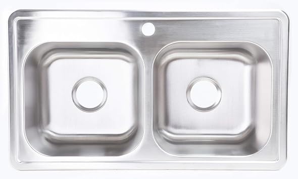 Zuhne Fortuna 33-Inch Drop-In Double Bowl Stainless Steel Kitchen Sink, 22 Gauge T304 18/10, Satin Finish, Single Hole Deck, 33 x 19 x 8 in