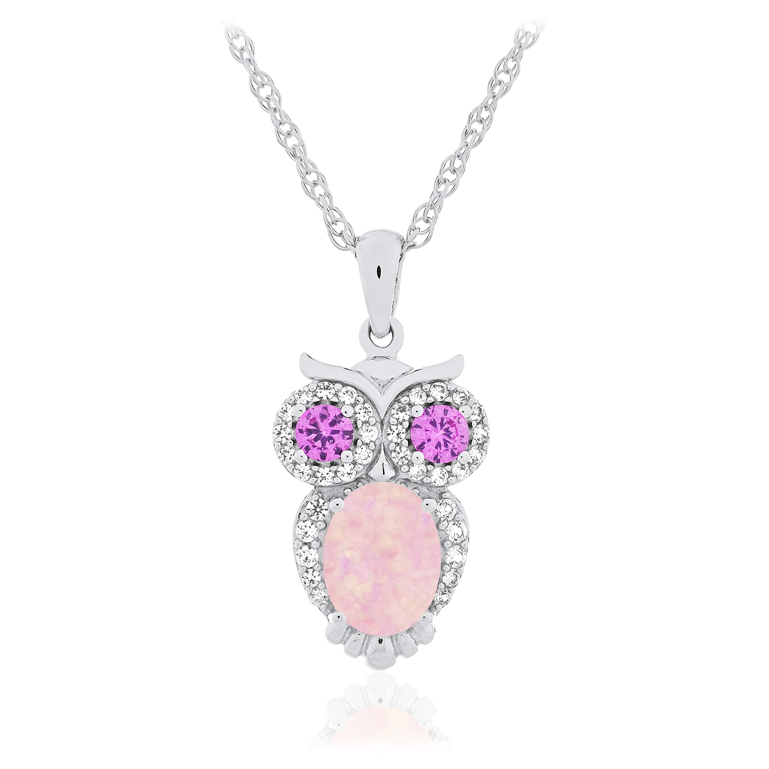 Lexi and Rose'Lexi and Rose .925 Sterling Silver, Oval Lab-Created Opal & Lab-Grown Sapphire Owl Pendant Necklace with 18'' Rope Chain - Choice of Pink or Blue Color Scheme'