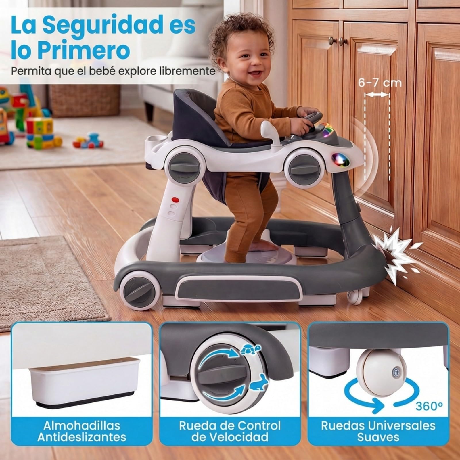 COSTWAY 7 en 1 Andador Bebes con Capota, Tacata Bebe Plegable con Altura y Velocidad Regulables con Modo Mecedora, Música, Luces y Diseño Antivuelco,Caminador para Bebe de 7-18 Meses (Gris y Blanco) - 5