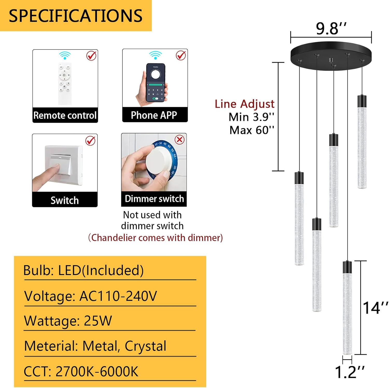 Modern Crystal Chandelier for Dining Room LED Dimmable Pendant Lights Kitchen Island Lighting Ceiling Hanging