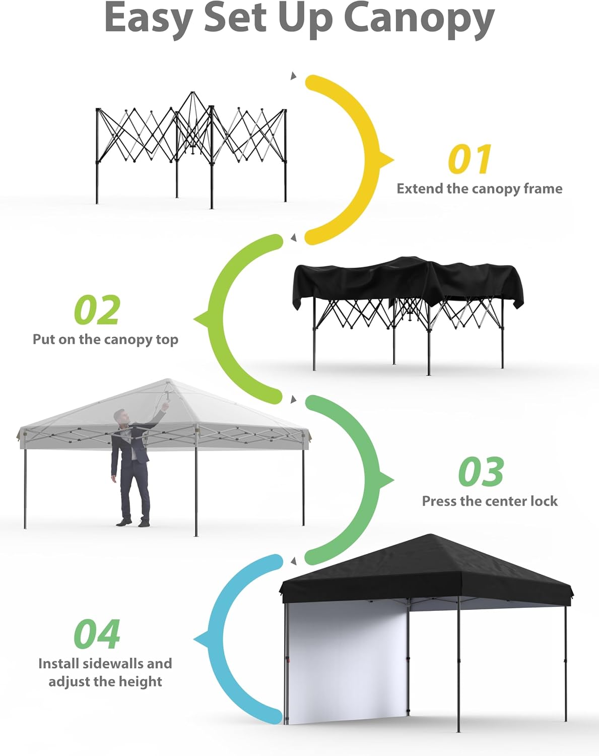 GarveeLife 10x10 Pop Up Canopy with One Sidewalls Easy Up Camping Tent with One Button Push Setup 1 Roller Bag 3 Adjustable Height 4 Weight Bags (Black, 10x10 + 1 Sidewall)