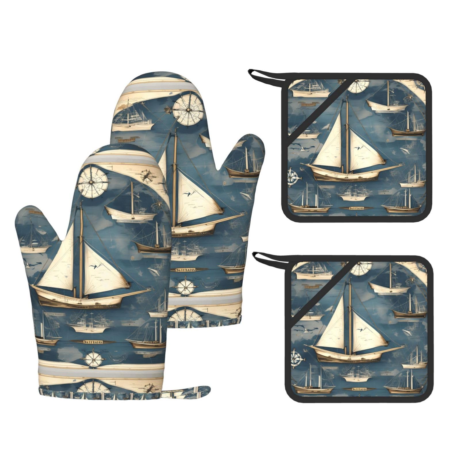 Nautical Sailboat Map Print Kitchen Heat Resistant Set,Cooking Kit With Hanging Loop For Baking & Bbq