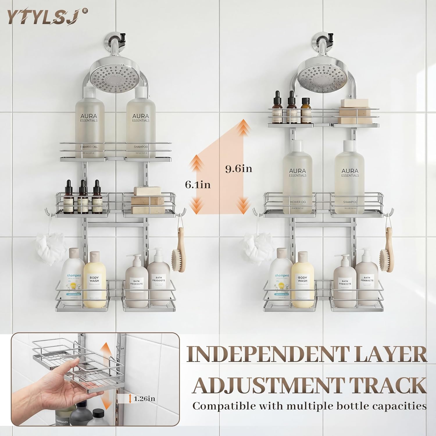Shower Caddy Hanging for Handheld Shower Heads, 3-Tier Adjustable Hagging Shower Caddy, Stainless Steel Hose Hanging Shower Organizer with 2 S-Hooks, Silver