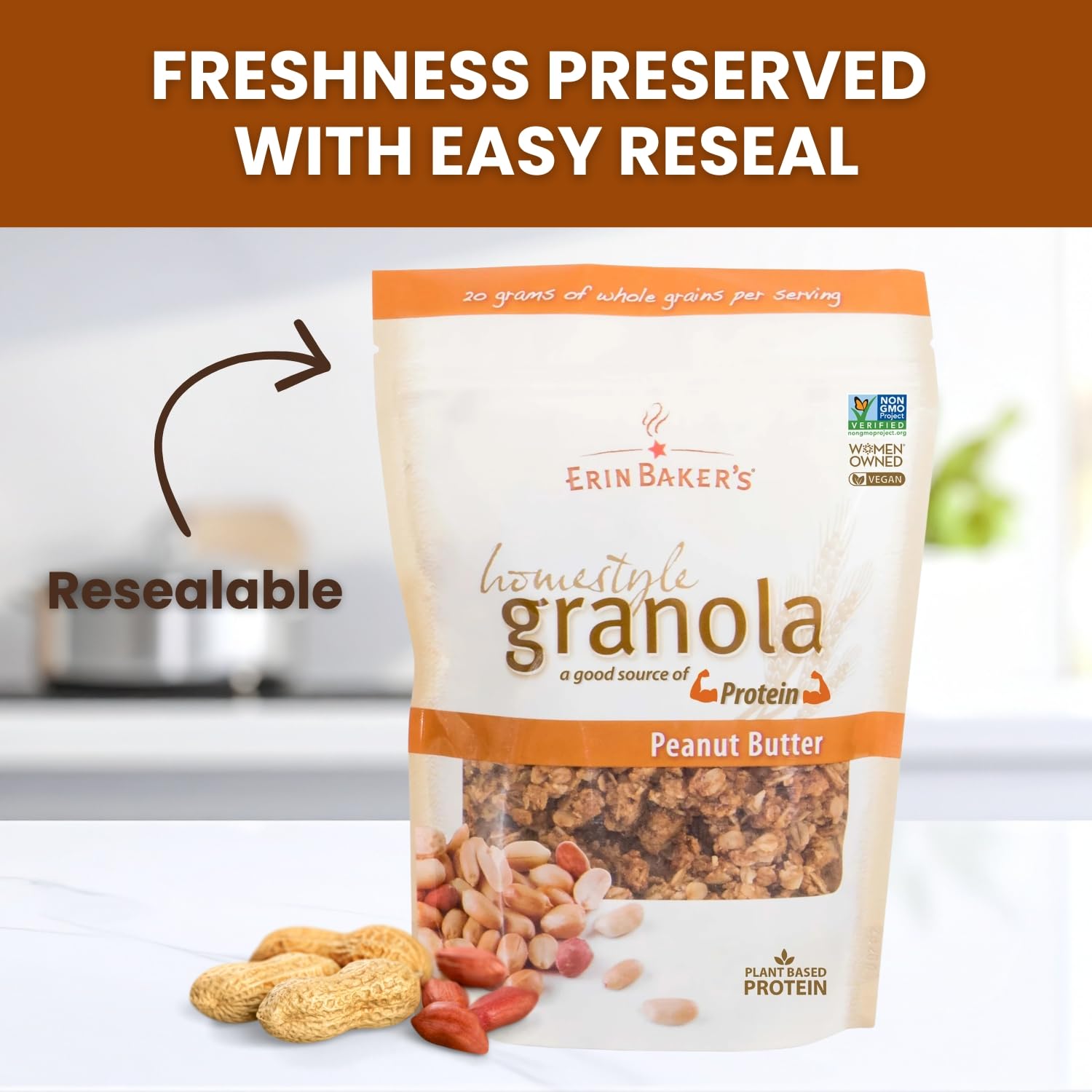 Erin Baker’s Homestyle Peanut Butter Granola with Ancient Grains - Made from Natural Ingredients, Crunchy Texture, Versatile Snack or Cereal - Vegan Friendly, Non-GMO, Resealable 12oz Bags, 6‑Pack