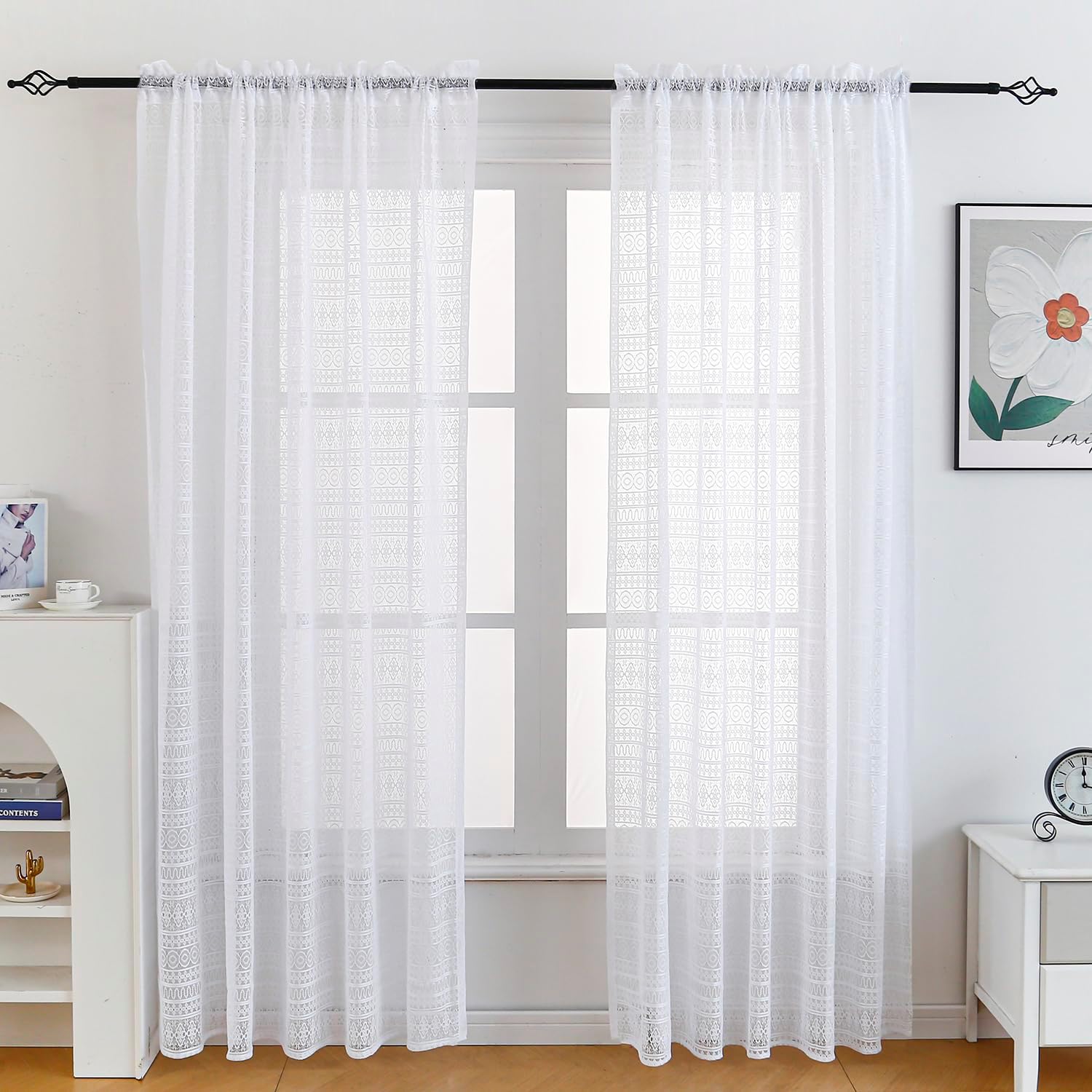 Taisier Home White Lace Curtains 96 Inch Length 2 Panels,Boho Striped Knitted Design Sheer Lace Curtains for Bedroom, Rod Pocket Vintage Privacy Lace Window Panel Set, 58 x 96 Inch Each, White