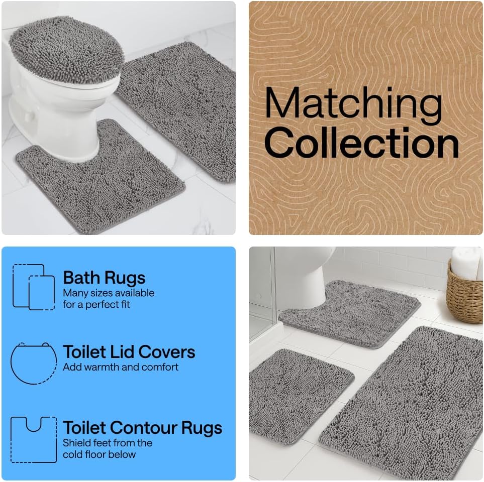 GORILLA GRIP Bathroom Rug Sets 3 Piece, Bath Mat Set and Oval Toilet Base with Rubber Backing, Plush Absorbent Shaggy Chenille Washable Mats, Includes 24x19.5, 24x17 and 36x24 Inch Rugs, Grey