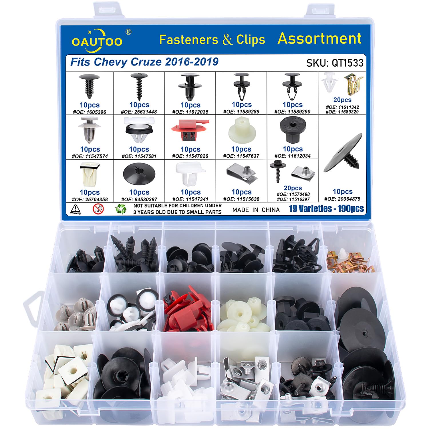 OAUTOO 190pcs fits Chevy Cruze 2016-2019 Auto Body Interior and Exterior Retainer Fastener Clip Assortment