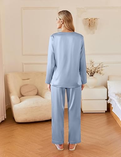 Miniatura 4 de Ekouaer Pijamas de seda para mujer, conjunto de 2 piezas, pijamas de satén, de manga larga, con botones, cómodos conjuntos de descanso