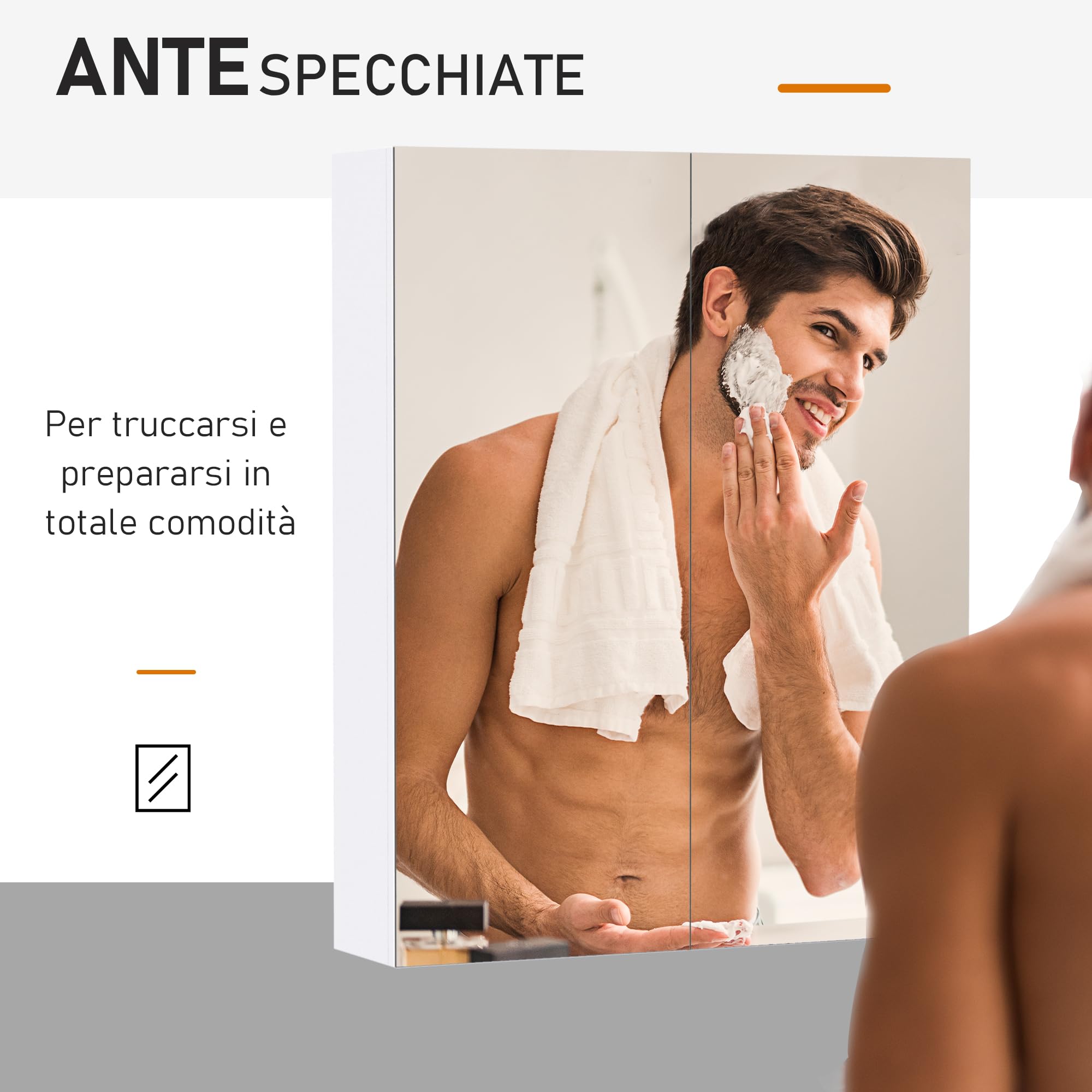 HOMCOM Armadietto Pensile da Bagno Due Ante con Specchiera e 2 Ripiani Interni, Mobiletto Bagno con Specchio e Soft Close in MDF, 60x15x75 cm, Bianco