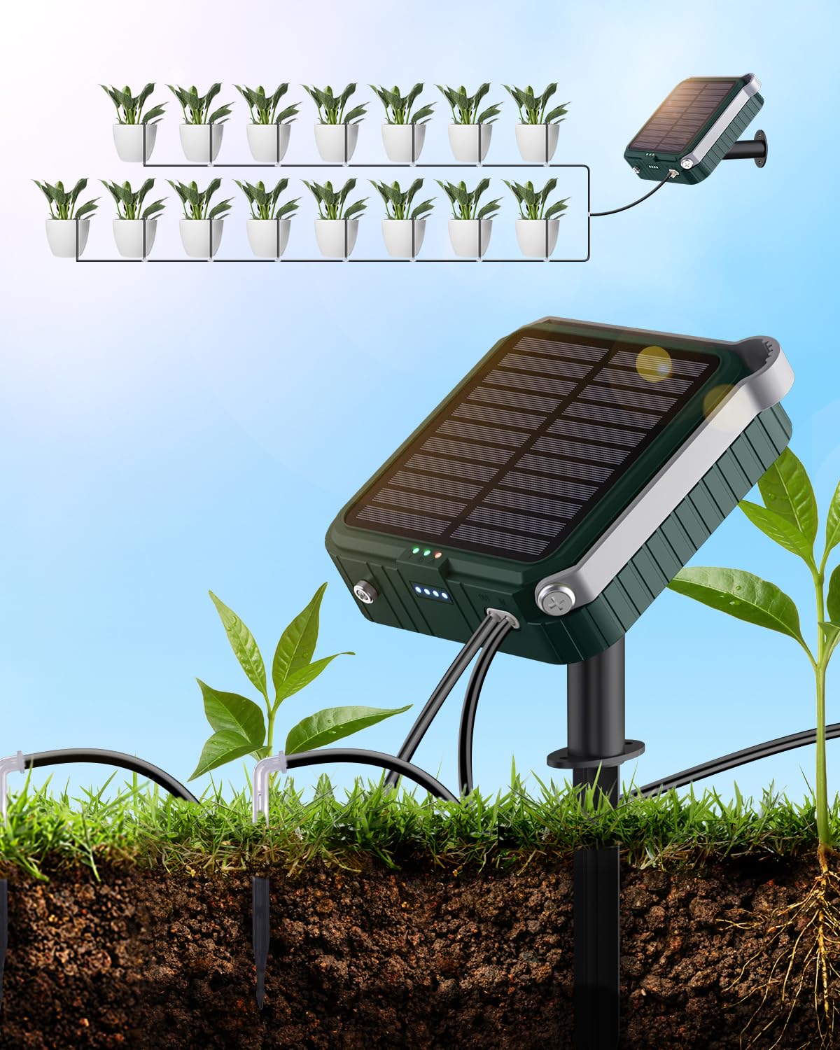 Solarny system nawadniania kropelkowego do ogrodu, automatyczny zestaw do nawadniania roślin doniczkowych, na balkon, łóżko roślinne i szklarnię, zestaw do nawadniania ogrodu (zielony)
