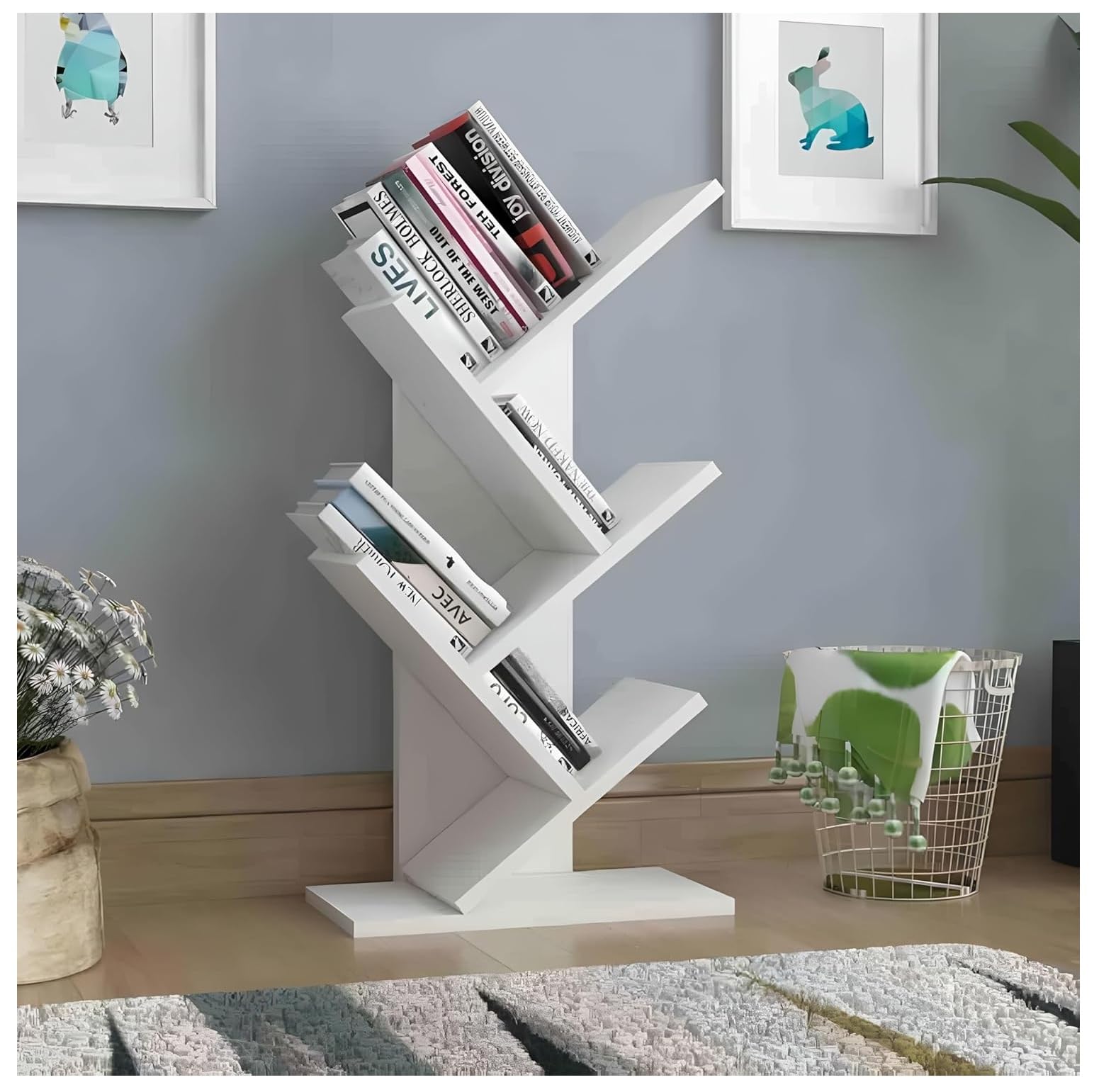Engineered Wood Tree Shaped Book Shelf for Library & Study Room | Free Standing Bookshelf | Multi-Tier Storage Rack for Home & Office | White Finish Color|-image-30