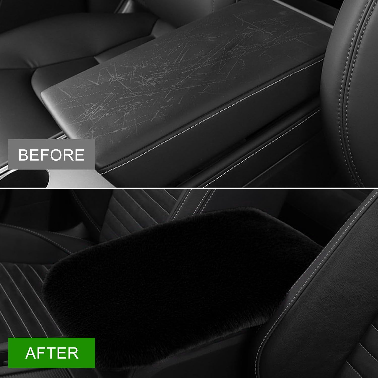 Car Center Console Cover, Furry Comfortable Auto Armrest Pad Seat Box Cover, Soft Fluffy Arm Rest Protector Middle Console Cushion for Sedans Trucks SUVs, Car Accessories (Black)