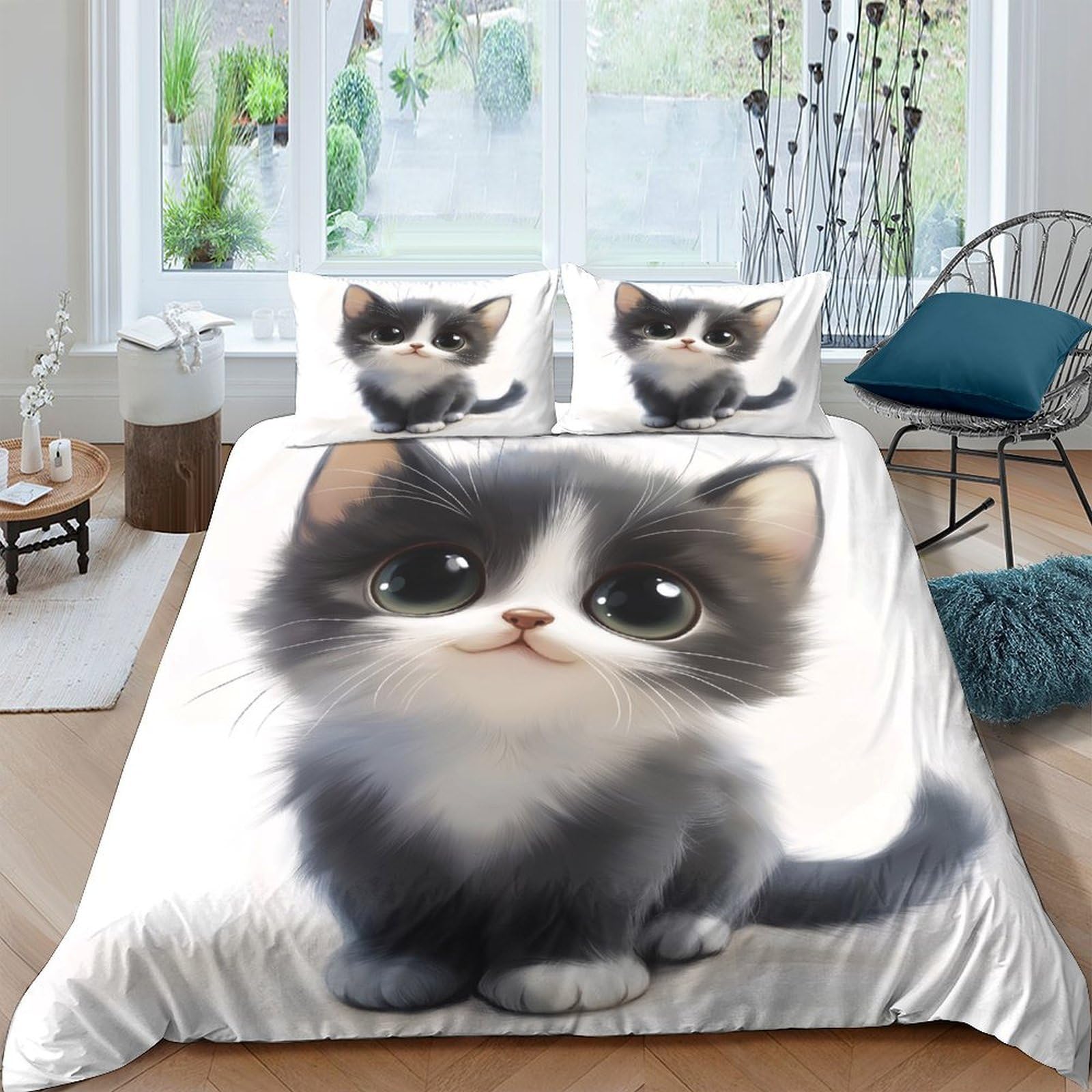 TUFRTGYHN 3D Printed Cute Kitten Duvet Cover Microfiber Soft Breathable Cartoon Cat Bedding Set with 2 Pillowcases for Bedroom Decor Single（135x200cm）