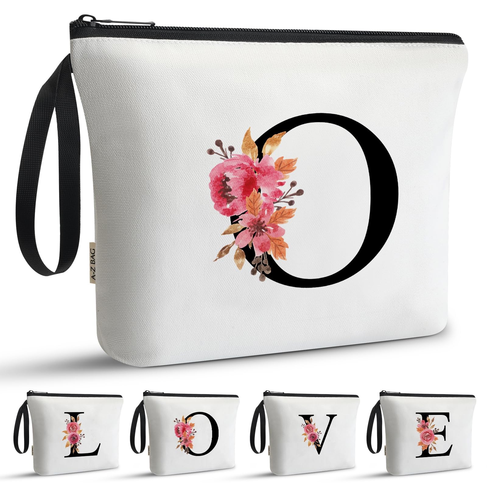 A-Z BAG Personalised Initial Makeup Bag with Floral Letter,Gifts for Women,Mum,Friend,Sister,Teenage Girls,Bridesmaid,Cosmetic Wash Bag & Toiletry Pouch,O