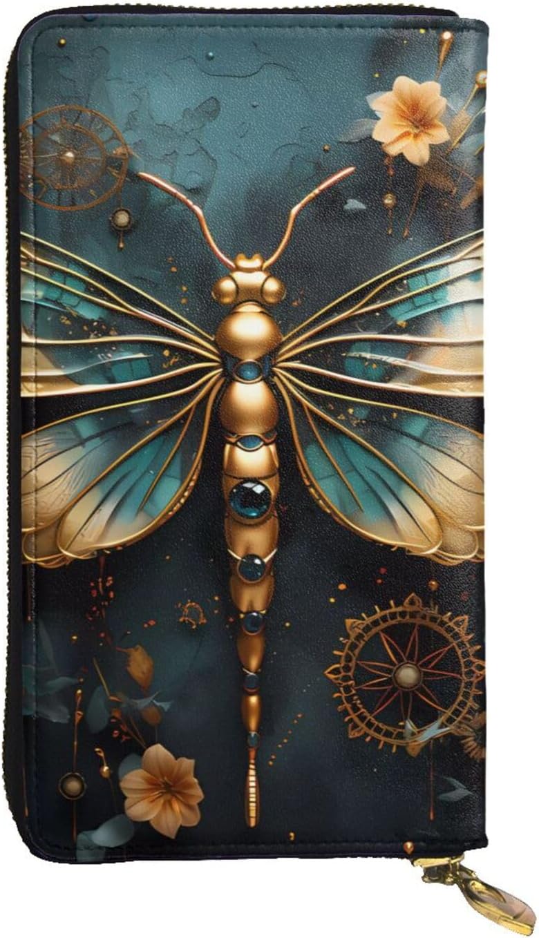 Gold color delicate Dragonfly flower Women's wallet, clutch wallet, with zipper, large capacity.