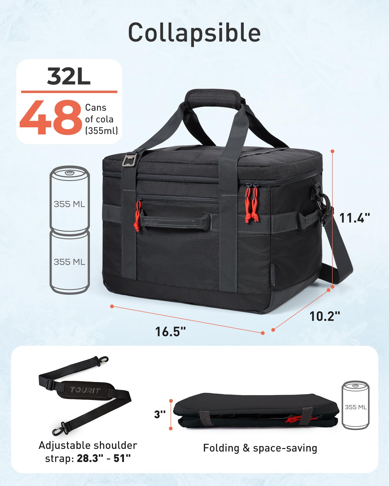 TOURIT Torba chłodząca, torba piknikowa, izolowana, miękka, duża, składana, do transportu żywności, 32 l
